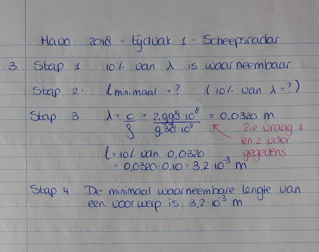 Natuurkunde eindexamenopgave havo - 1ste tijdvak 2018 - Scheepsradar - Domein golven en trillingen - uitwerking 2