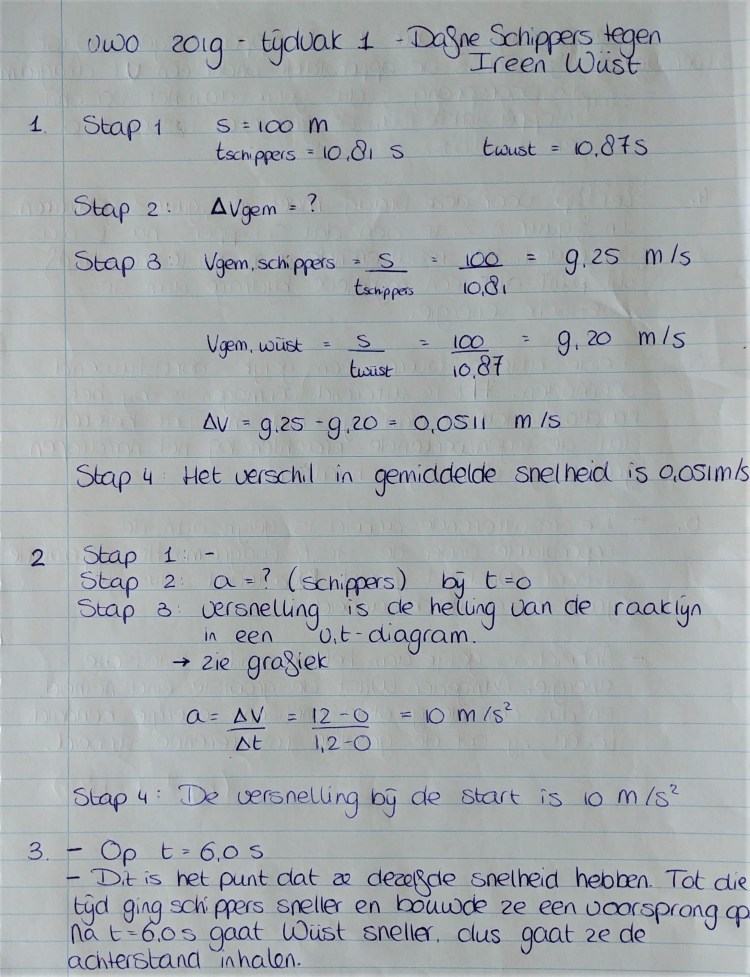 Examenopgave natuurkunde - 2019 tijdvak 1 - Dafne Schippers tegen Ireen Wust - uitwerking 1