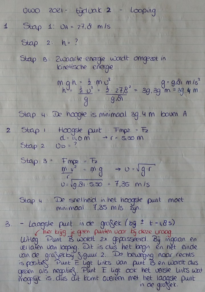 Examenopgave natuurkunde - vwo 2021 - tijdvak 2 - Looping - uitwerking deel 1