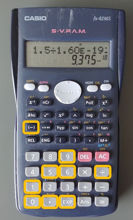 Bijles - oefenopgaven en tips natuurkunde - voorbeeldsom exponent casio fx-82ms ingevuld
