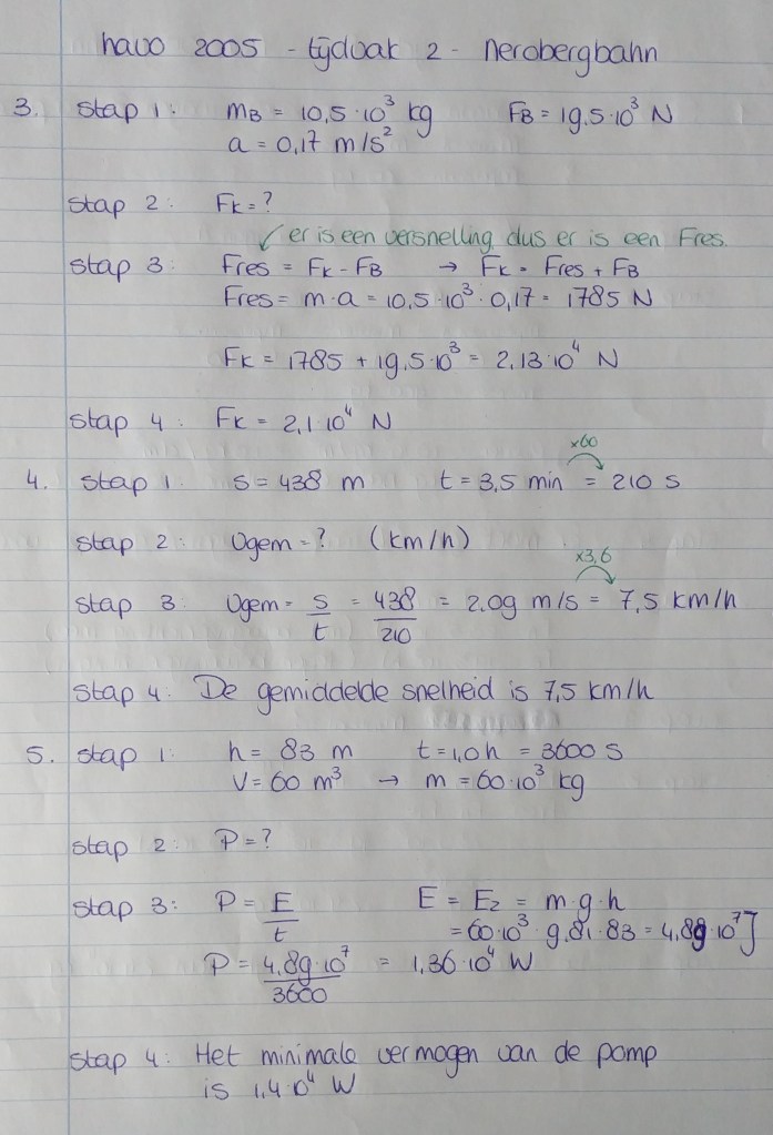 Bijles, oefenopgaven en tips natuurkunde - Examenopgave natuurkunde - havo 2005 - tijdvak 2 - Nerobergbahn - uitwerking deel 2